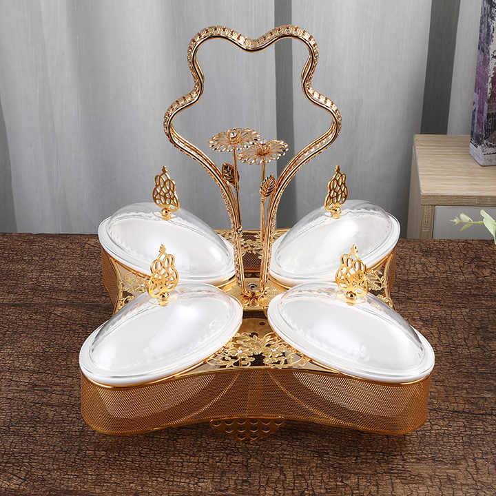 Qian Hu Turkish Luxury Golden Metal Plastic Dry Snack Tray Fruit Plates with Lid 