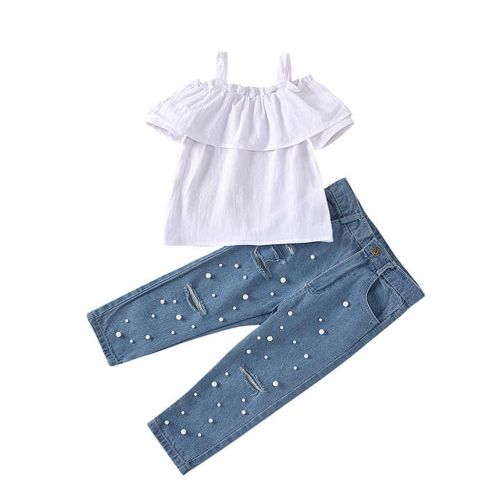 Girls' 2-Piece Beaded Jeans Outfits Summer Elegant 