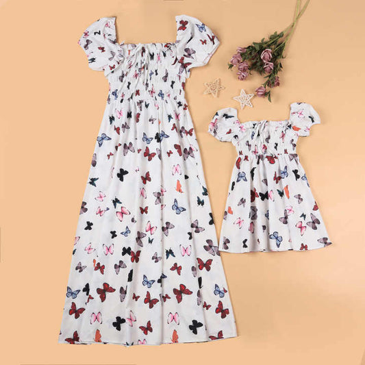 Family Matching Butterfly Print Maxi Dress Mommy and Me Summer Long Dress Family Matching Dress for Mommy and Me 