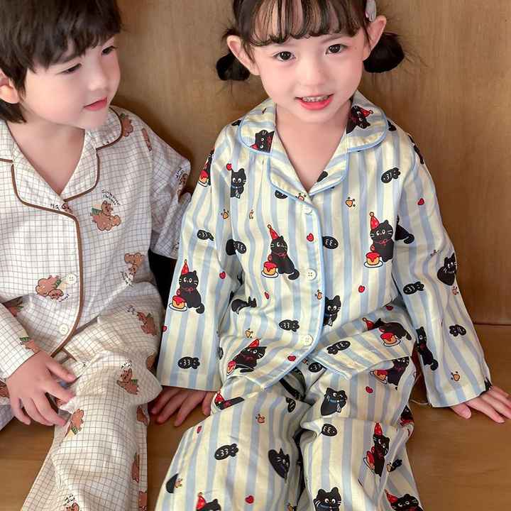 Children's Homewear Lovely Loose Sleepwear 2 Sets Breathable Cotton Long Sleeve Pajamas for Kids OEM 