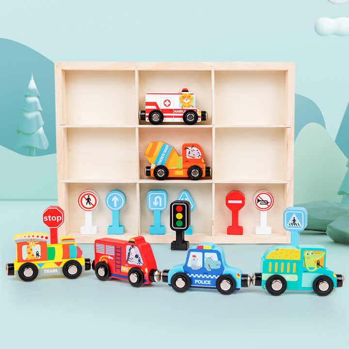 Educational wooden traffic train toy for toddlers includes: 