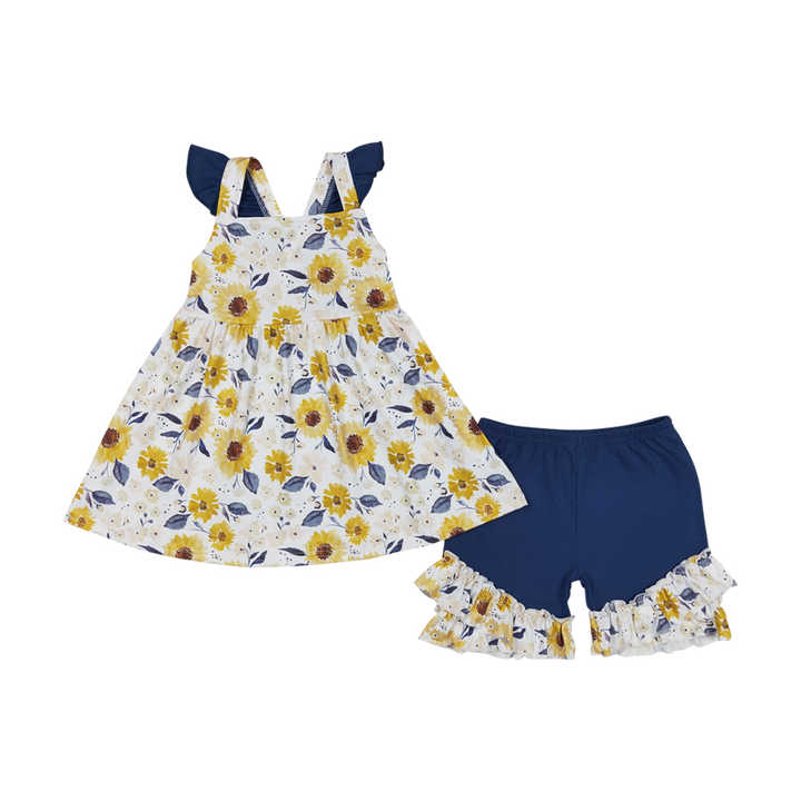 Sunflower Floral Top Shorts Baby Girls Pink Sequin Summer Dresses 