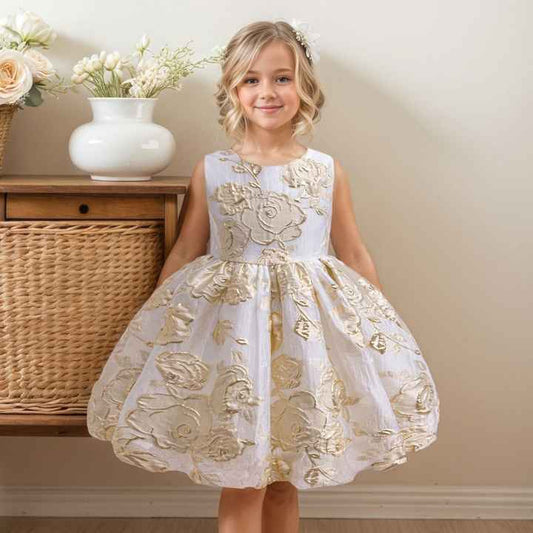 Lantern Knee Skirt Girl Dresses-Gold Floral Jacquard Princess Skirt 