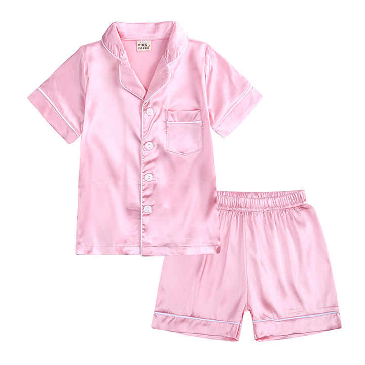 New Summer Casual Comfortable Sleepwear Boys Girls Sleepsuit Pajamas Set Soft Silk Solid Color 