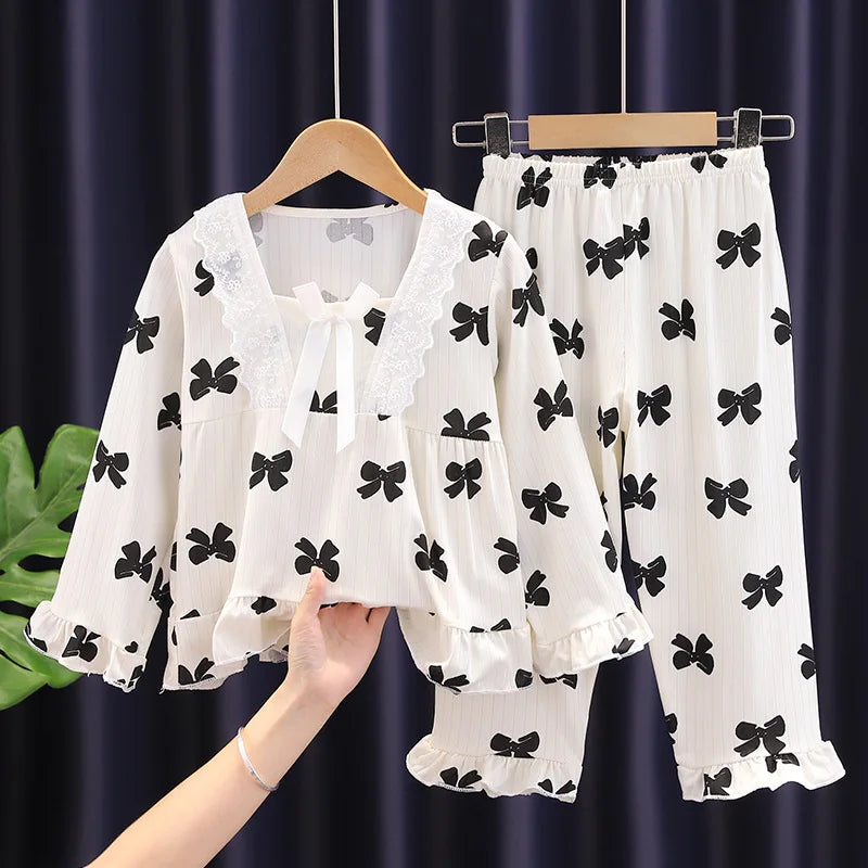 Spring Long Sleeve Pajamas Set, Princess Style Square Collar Pajamas, Cute Cartoon Print Thin Children's 