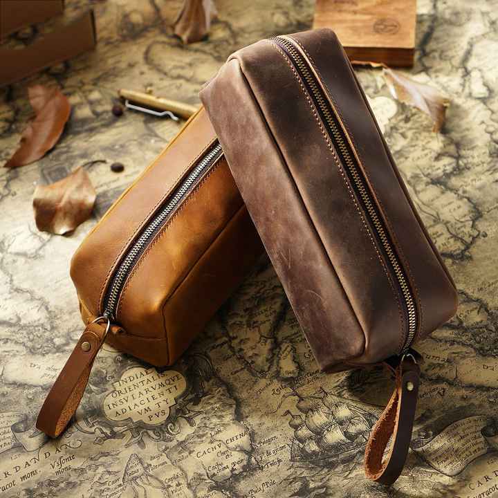 Crazy Horse Leather Pencil Bag Elegant 