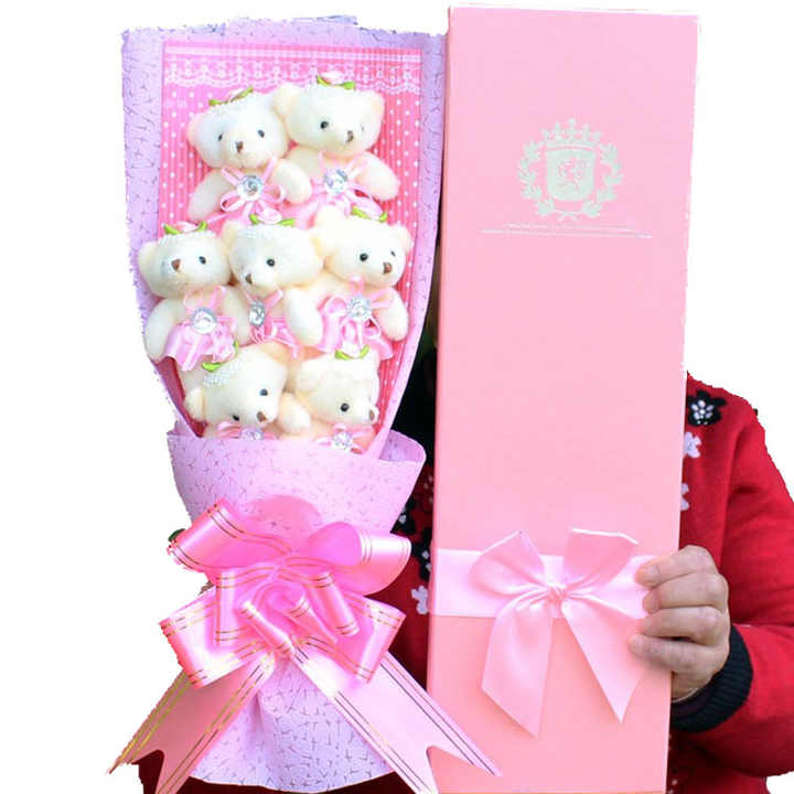 Pink Soft Plush Flower - Cartoon Bear Shaped Low Cut Plush Flower Bouquet 