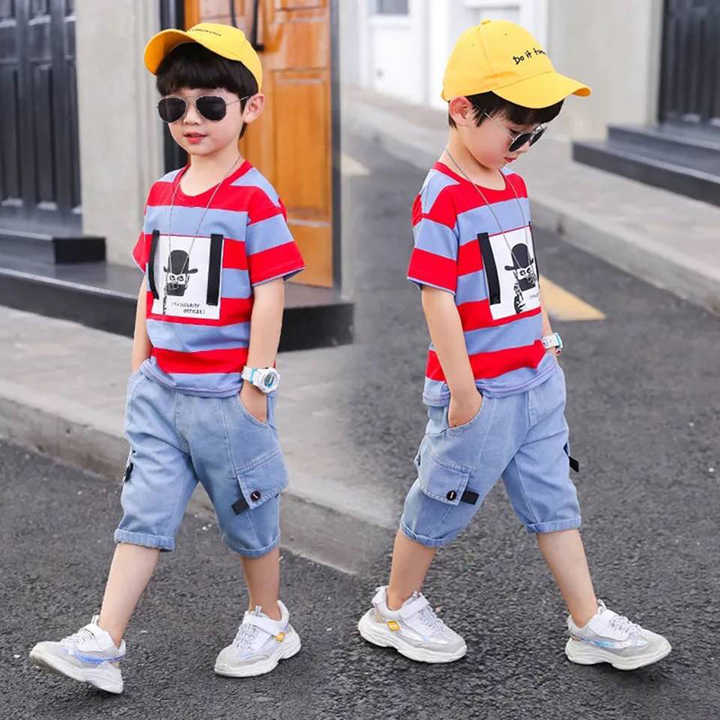 Summer baby boys clothes cotton stripe suit. 