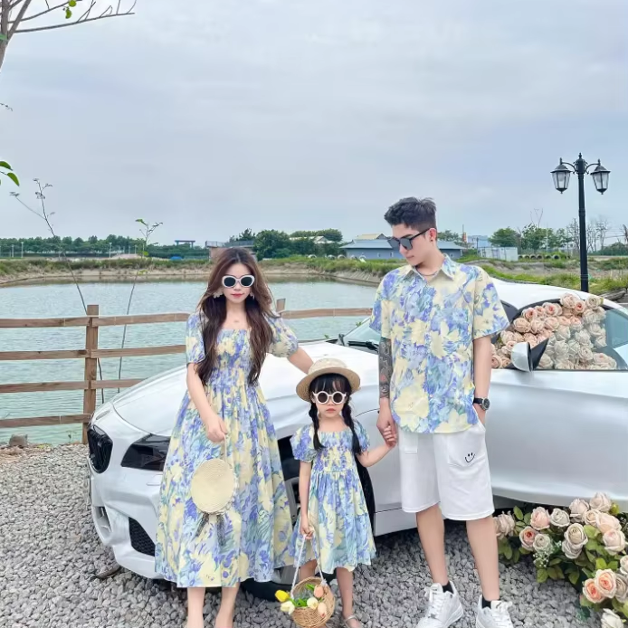 Cute Baby Girls Casual Print Chiffon Family Matching Clothes Dress with Short Sleeve for Summer Season 