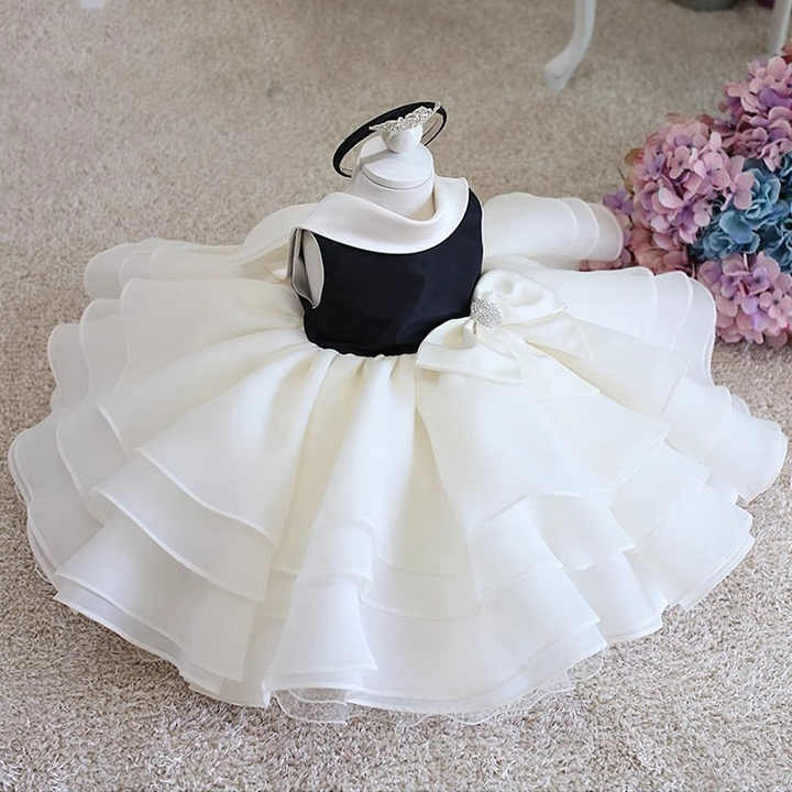 Solid White Bows Sleeveless Kids Evening Dress 