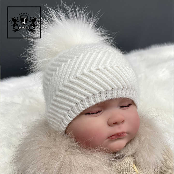 Children's hats with real fur pompom 