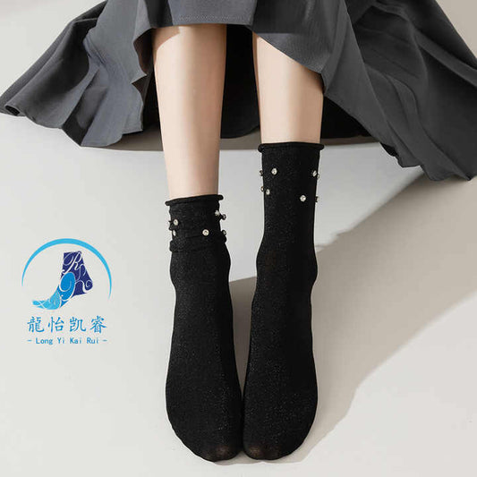 Color Fashion Socks With Pearls New Korean Diamond Socks 