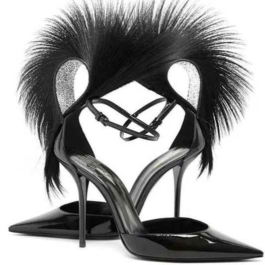 High quality women's shoes made of fur, feather and diamonds 