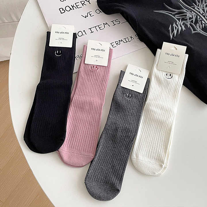 Smiley Face Embroidery Letters Crew Socks
