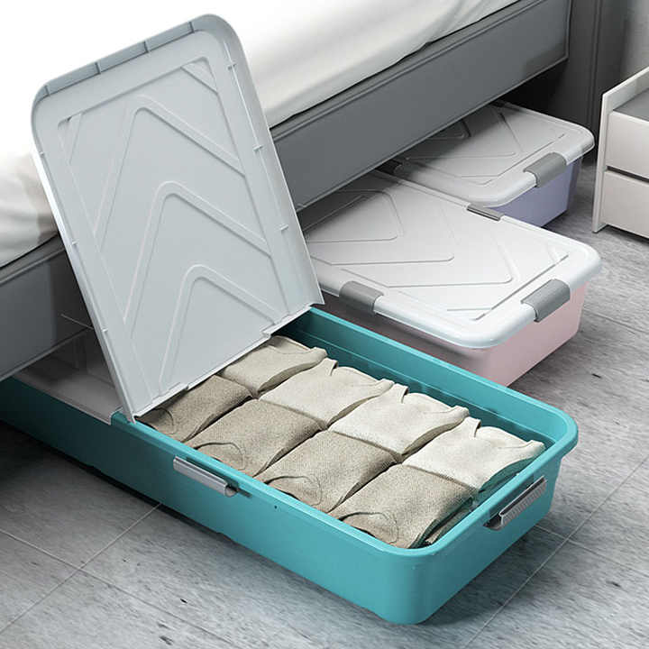 Multipurpose Storage Organizer Plastic Under Bed Bins Container Organizer with Wheels and Lid 
