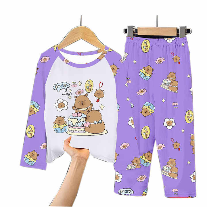 Cartoon Capybara Spring and Summer Children's Thin Long-sleeved Pajamas Set for Boys and Girls Full Printed Home Clothesكارتون كابيبارا الربيع والصيف للأطفال مجموعة ملابس نوم رقيقة طويلة الأكمام للصبيان والفتيات ملابس منزلية مطبوعة كاملة