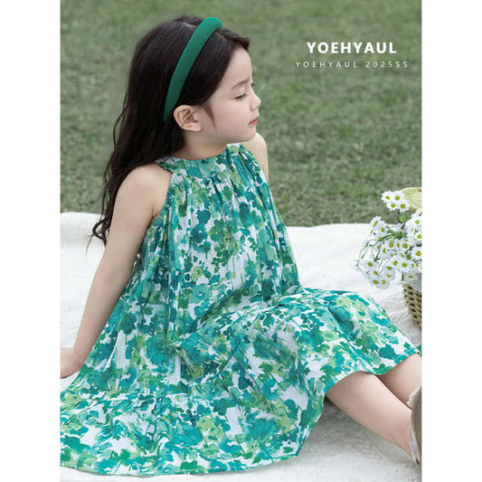 YOEHYAUL X4925 Girls Sleeveless Dresses with Belt 1 Year 1-8T Green Purple Long Toddler Baby Floral Cotton Dress for Kids 