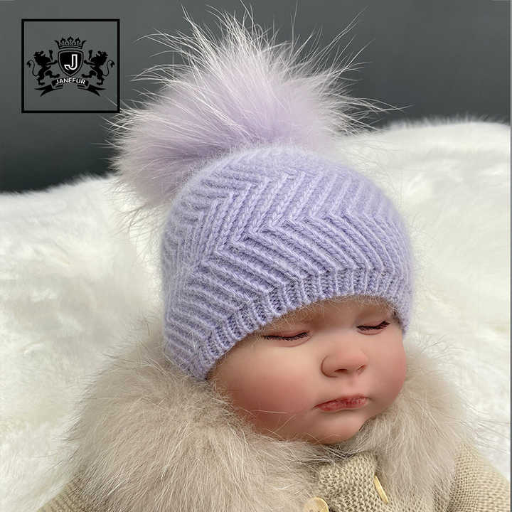 Children's hats with real fur pompom 