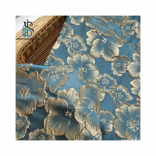 Blue Color for Garment and Wedding Dress New Design Brocade Jacquard Fabric with Shiny Flower