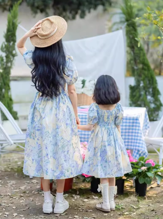 Cute Baby Girls Casual Print Chiffon Family Matching Clothes Dress with Short Sleeve for Summer Season 