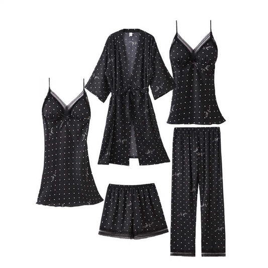 Women's New Five-Piece Imitated Silk Nightgown Suit Fashionable Home Wear with Smooth Nightdress for Sleepwear
