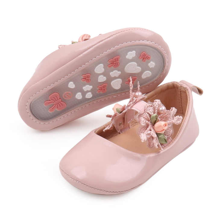 طفل الفتيات تصميم بلون واحد مع زهرة الدانتيل وأحذية الأميرة تنفس Baby girls solid color design with lace flower and breathable princess shoes