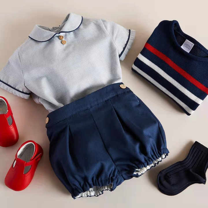 Boys' shorts, striped shirt with buttons and Peter Pan collar, navy shorts 
