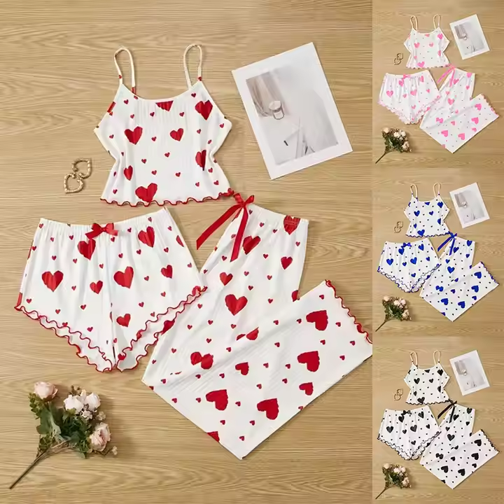 Women's Plus Size Sleepwear Sets Elegant Elastic Waist Summer Pajamas Love Heart Print Soft Knitted Sweet Straps 