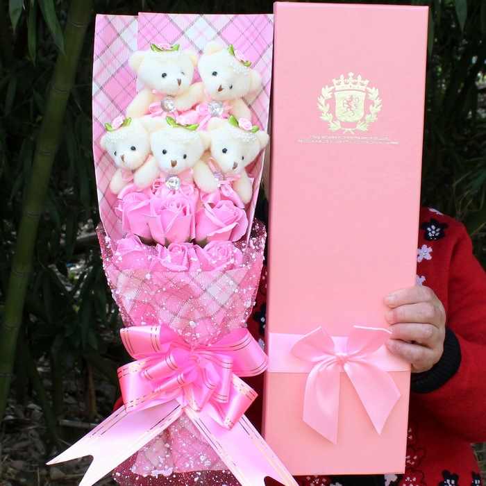 Pink Soft Plush Flower - Cartoon Bear Shaped Low Cut Plush Flower Bouquet 