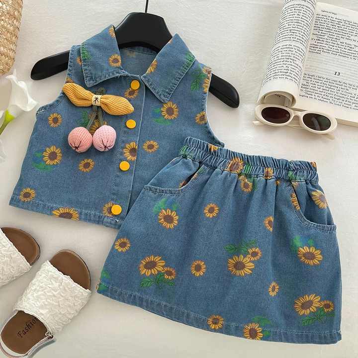 Skirt 2-piece Set Retro Kids girls Clothes Girl-Blue Denim Summer Kids Set 