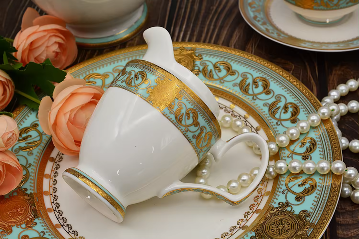 24pcs Embossed Gold Dinner Plate Dessert Plates  24 قطعة من أطباق العشاء الذهبية المنقوشة وأطباق الحلوى 200 سم