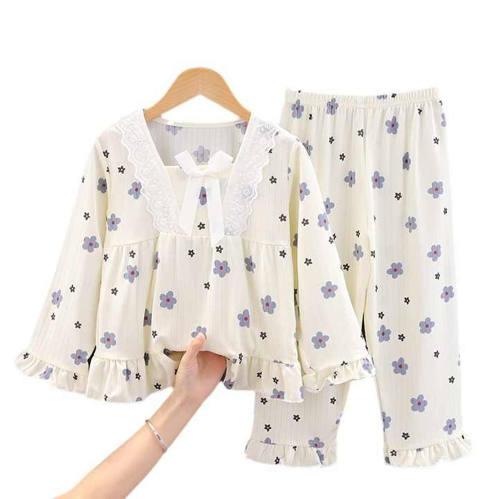 Spring Long Sleeve Pajamas Set, Princess Style Square Collar Pajamas, Cute Cartoon Print Thin Children's 
