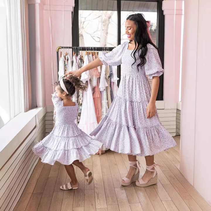 Cute Square Neck Floral Princess Dress Across 