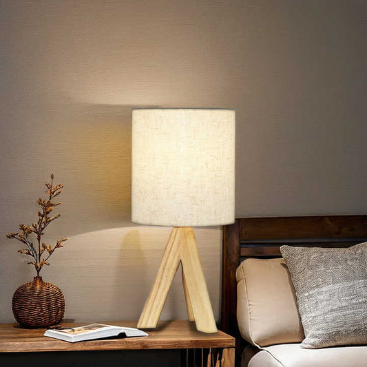 Modern Living Room Nature Wooden Tripod Home Decor LED Table Lamp with Round Fabric Lampshade 
