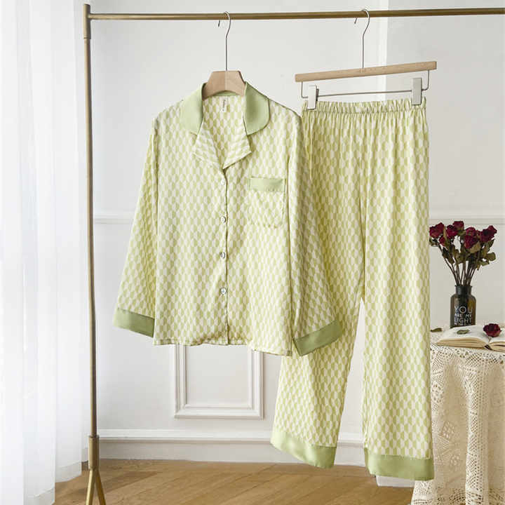 Long Sleeve Long Pants Night Suit Home Wearطقم ملابس نوم نسائية فاخرة من الساتان