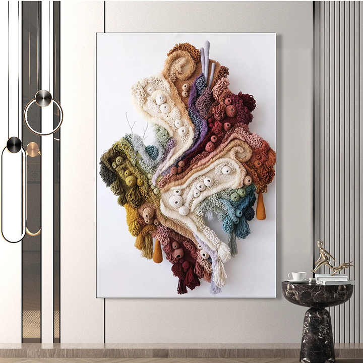 Modern Home Decor Mixed Media Artwork Coral Reef 3D Painting Wall Art Framed Crochet Blanket Tapestries Wall Decoration 