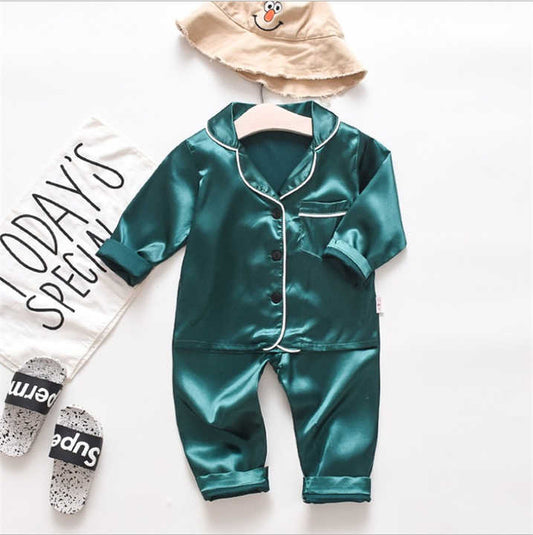 Fashion Printed Kids Long Sleeve Satin Sleepwear Set 