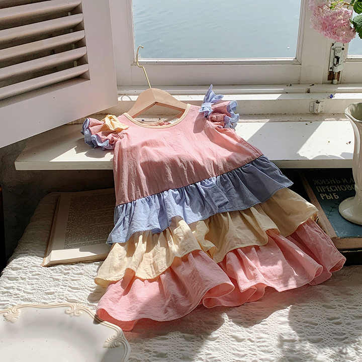 Girls Summer Casual Floral Print Rainbow Flying Sleeve Outerwear Dress for Girls