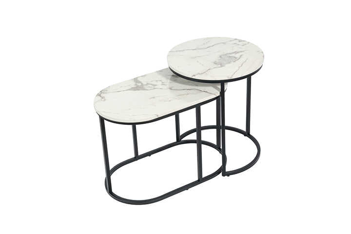 Nesting of two modern round white marble wood tables, black metal frame, oval top and black leg 