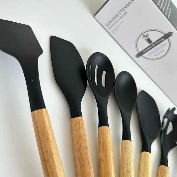 12 Piece Kitchen Accessories Set Non-Stick Kitchen Tools Silicone Spatula Cooking Utensil Set with Wooden Handle 