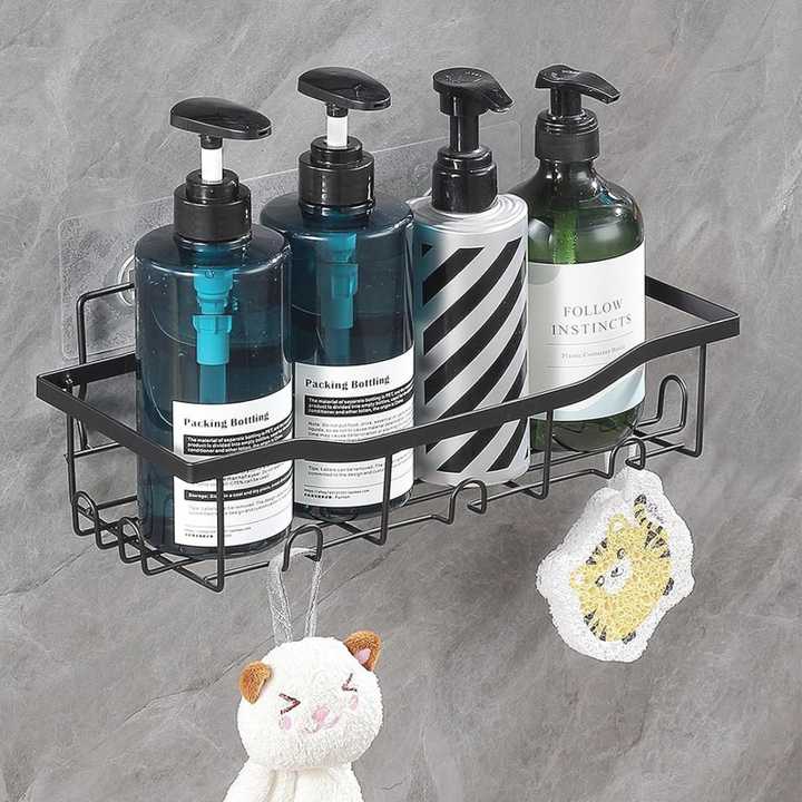 5 Piece Set Wall Mounted Bathroom Shelf Black Iron Bathroom Shower Shelves Kitchen Self Adhesive Metal Storage Rack