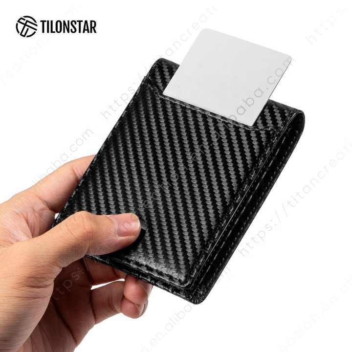 Men's Short Carbon Fiber Leather Bifold Wallet in Black 