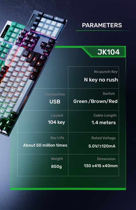 JK104 ABS لوحة مفاتيح سلكية ميكانيكية RGB . JK104 ABS Wired Mechanical Keyboard RGB Backlit