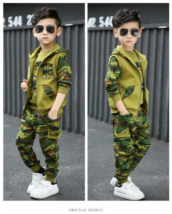 High Quality Custom Kids Clothes Wholesale Camouflage 2 Piece Suit Long Pants Set for Boys 