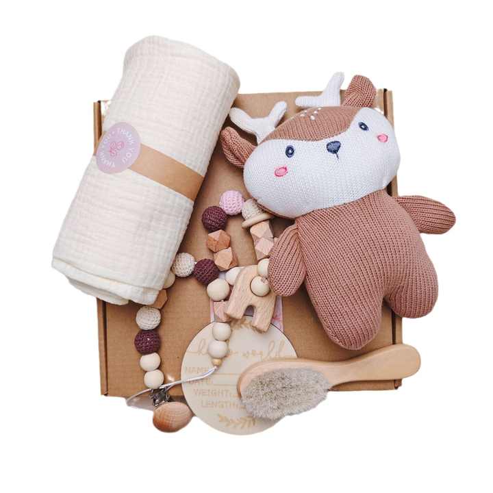 Luxury Newborn Gift Set Bath Gift Set Wooden Toys Bath Toy Brush Muslin Blanket Gift Box 