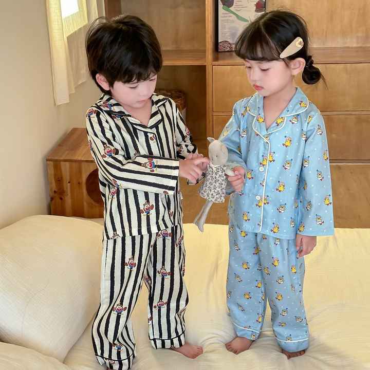 Children's Homewear Lovely Loose Sleepwear 2 Sets Breathable Cotton Long Sleeve Pajamas for Kids OEM 