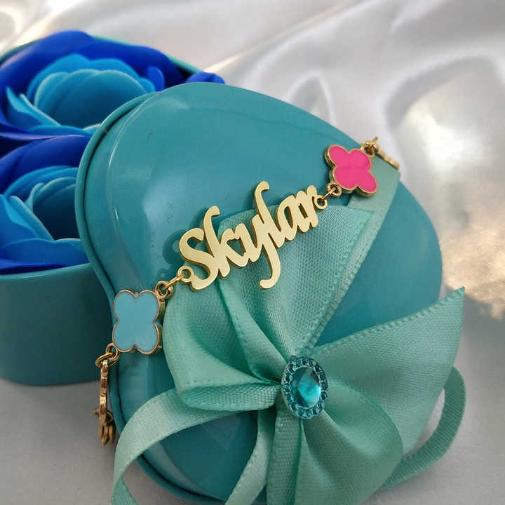 Kids Accessories Color Four Leaf Clover Name Bracelet Custom Initial Name Gold Plated 