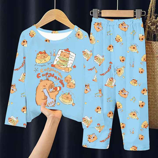 Cartoon Capybara Spring and Summer Children's Thin Long-sleeved Pajamas Set for Boys and Girls Full Printed Home Clothes