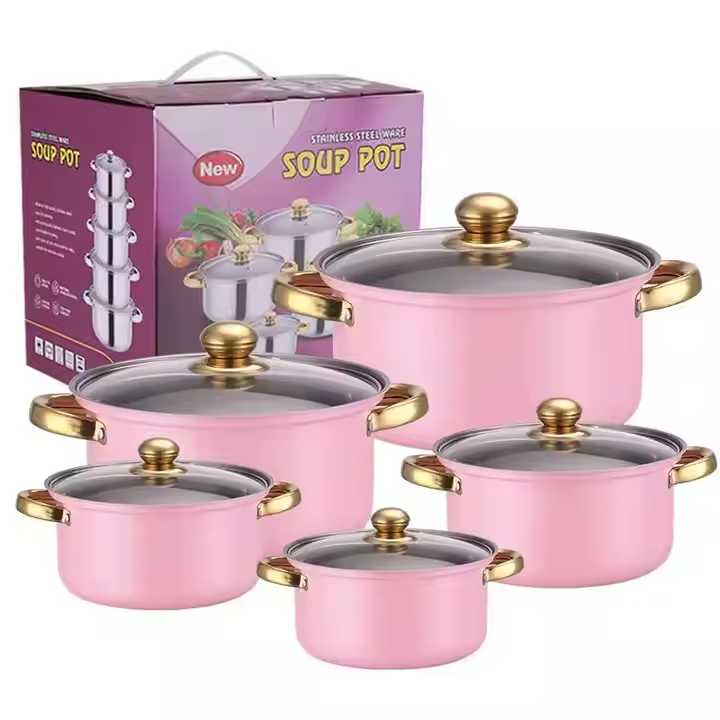 طقم أواني مطبخ من خمس قطع عالية الجودة من أواني حديد الزهر برتقالية مقبض ذهبي High Quality 5 Piece Cast Iron Cookware Set Orange Gold Handle