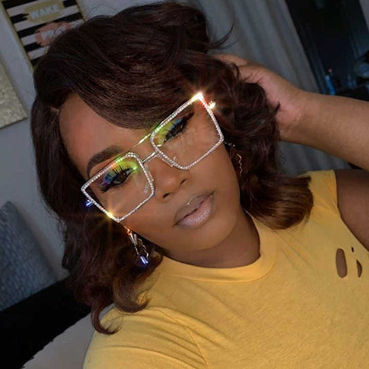 Wholesale Rectangular Glasses Crystal Bling Loose Fit Clear Lens Rhinestone Anti Blue Big Square Women Diamond Sunglasses 